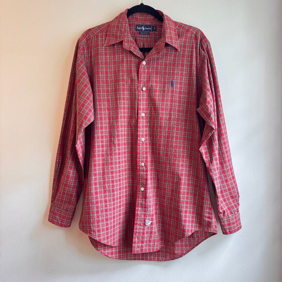 Ralph Lauren Mens Long Sleeve Button Down Size Medium M Plaid Oxford Red Green - Picture 1 of 5